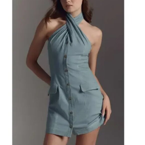 Maeve Twist-Halter Linen Blend Mini Dress Light Blue XS - Picture 1 of 16